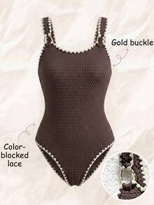 SHEIN Tween Girl Color Block One-Piece Swimsuit, Suitable For Beach Vacation, Pool Party, Beach Party - Brown - View 3