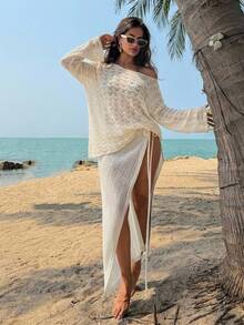 DAZY Women's Hollow Out Knit Drop Shoulder Cover Up Summer Sheer Vacation Beach - Apricot - View 13