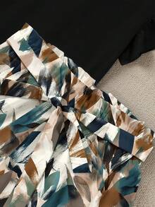 SHEIN LUNE Black Beige Abstract Print Shorts Flutter Sleeve Top Plus Size 2 Pieces Set Vacation Summer - Multicolor - View 5