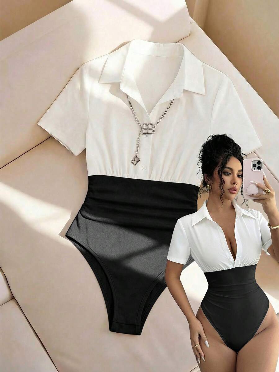 Selianne Women's Vintage Sexy Bodysuit Slimming Fit Elegant High-End Comfortable Versatile Fashionable White And Black Night Office Going Out Club Summer - Black and White - View 1
