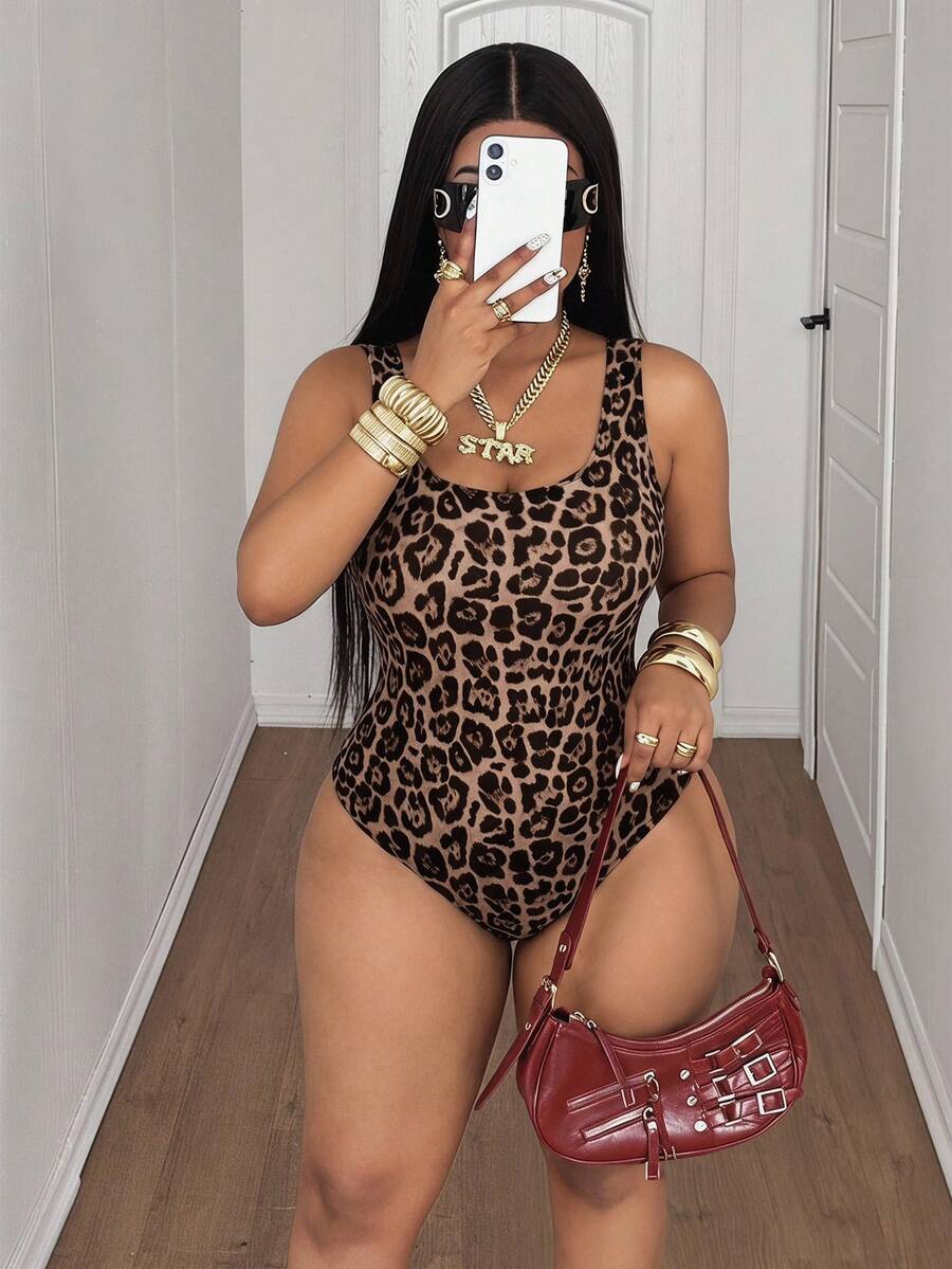 Maweii Plus Size One-Piece Swimsuit, Summer Beach Leopard Print Backless Swimwear Vacation - Coffee Brown - View 1