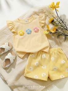 Cozy Pixies 2件套女婴碎花装饰圆领短袖上衣和格子短裤套装 - 黃色 - 查看 3