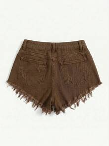 Rivivi Plus Size Plain Simple Everyday Denim Shorts - Brown - View 2