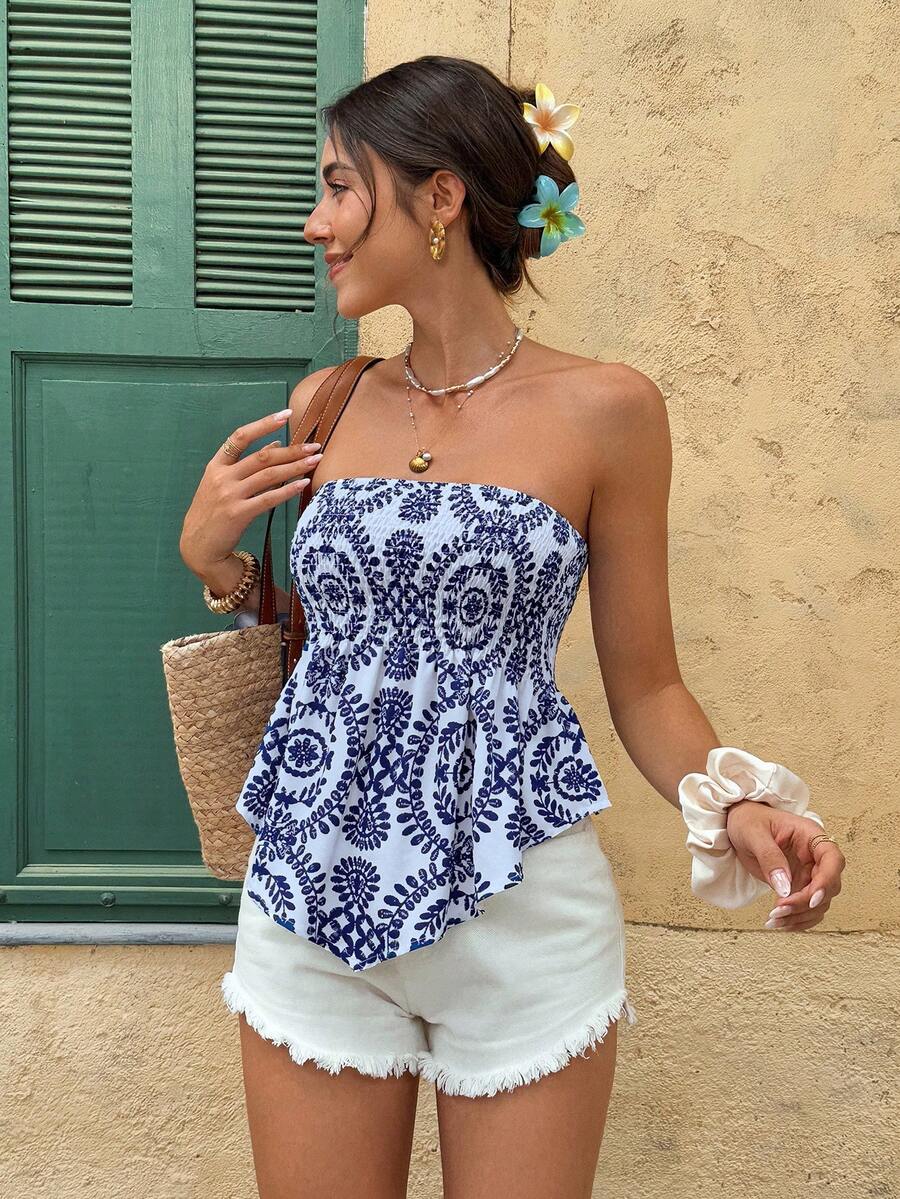 Serisse 女款夏季度假全身印花掛脖不對稱下擺平口上衣 - 彩色 - 查看 1