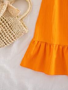 SHEIN Sleeveless Orange Striped Cami Dress For Big Girls, Off-Shoulder Low Neckline With Large Ruffled Hem. Suitable For Daily Outings, Parties And Vacations In Spring And Summer. - Orange - View 3