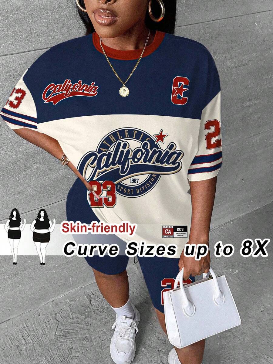 SHEIN CURVE+ 2件組大尺碼女款字母印花休閒短袖T恤與短褲套裝 - 彩色 - 查看 1