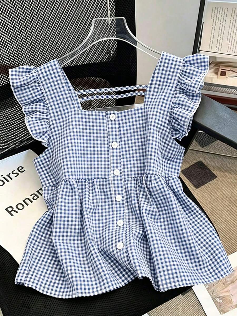 SHEIN Franclia 2026新款女款春夏系列復古學院風Y2K美學黑白格紋混紡短袖荷葉邊方領全開襟上衣,可調節交叉後背帶,荷葉邊收腰修身顯瘦,透氣輕盈柔軟舒適面料,時尚柔美上衣,適合休閒日常、夏季度假、週末出遊、海邊散步、早午餐聚會、可愛約會、街頭穿搭 - 藍色 - 查看 1