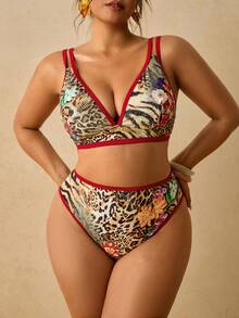 Travachic Conjunto de bikini de triángulo para mujer de talla grande con estampado de leopardo en bloques de color, con tiras y bragas de triángulo - Multicolor - Ver 7