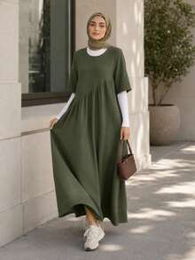 Solavon Women's Solid Color Round Neck Short Sleeve Pleated Loose Casual Dress Summer Holiday Basic Daily Comfy Travel Outfit Airport Elegant - Army Green - View 2