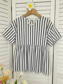 SHEIN EZwear 女款休閒圓領短袖上衣、女款條紋襯衫、女款夏季服飾 - 彩色 - 查看 4