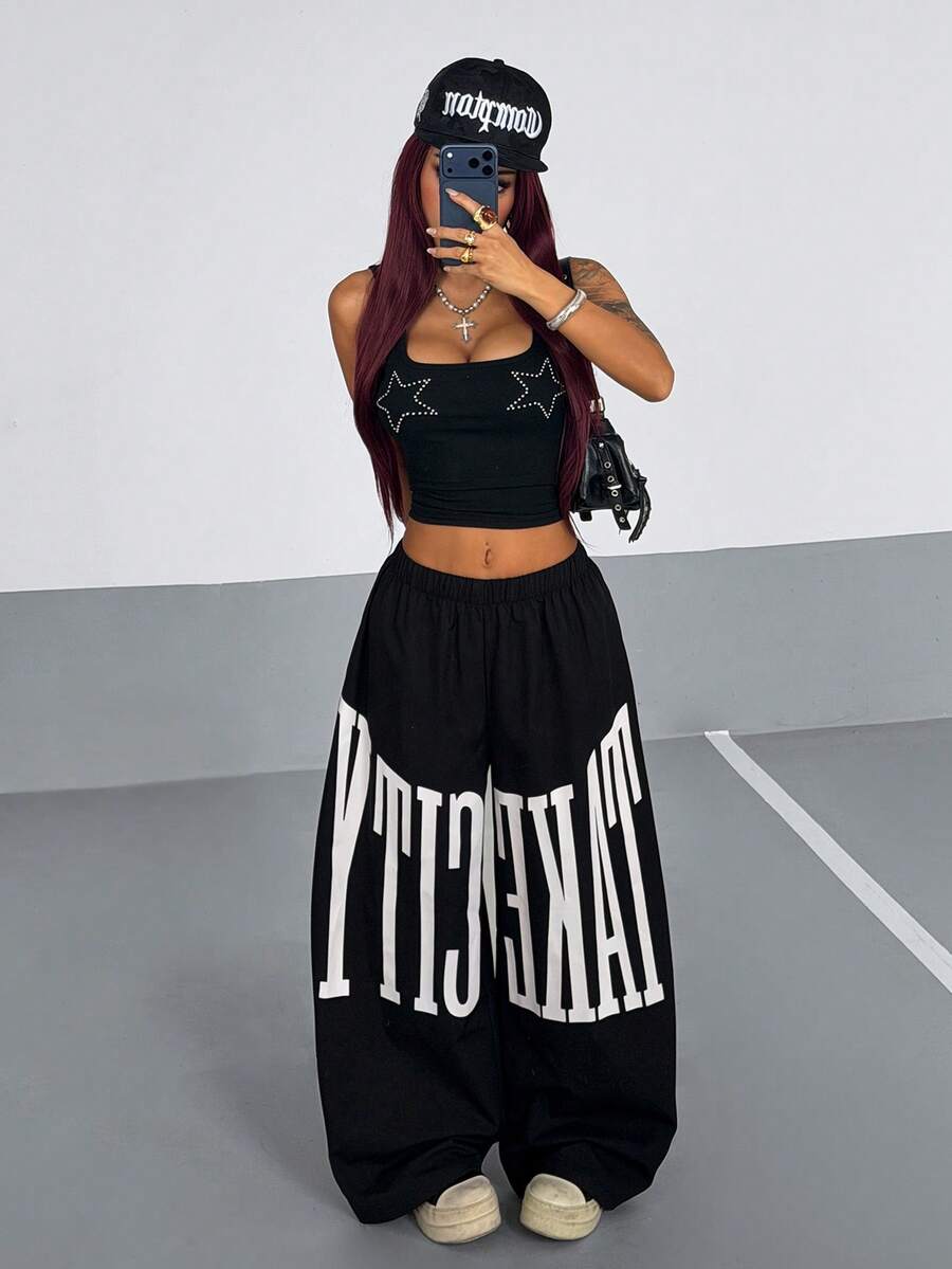 StreetHx Women's Street Retro Large Letter Print Loose Wide Leg Long Pants - Black - View 1