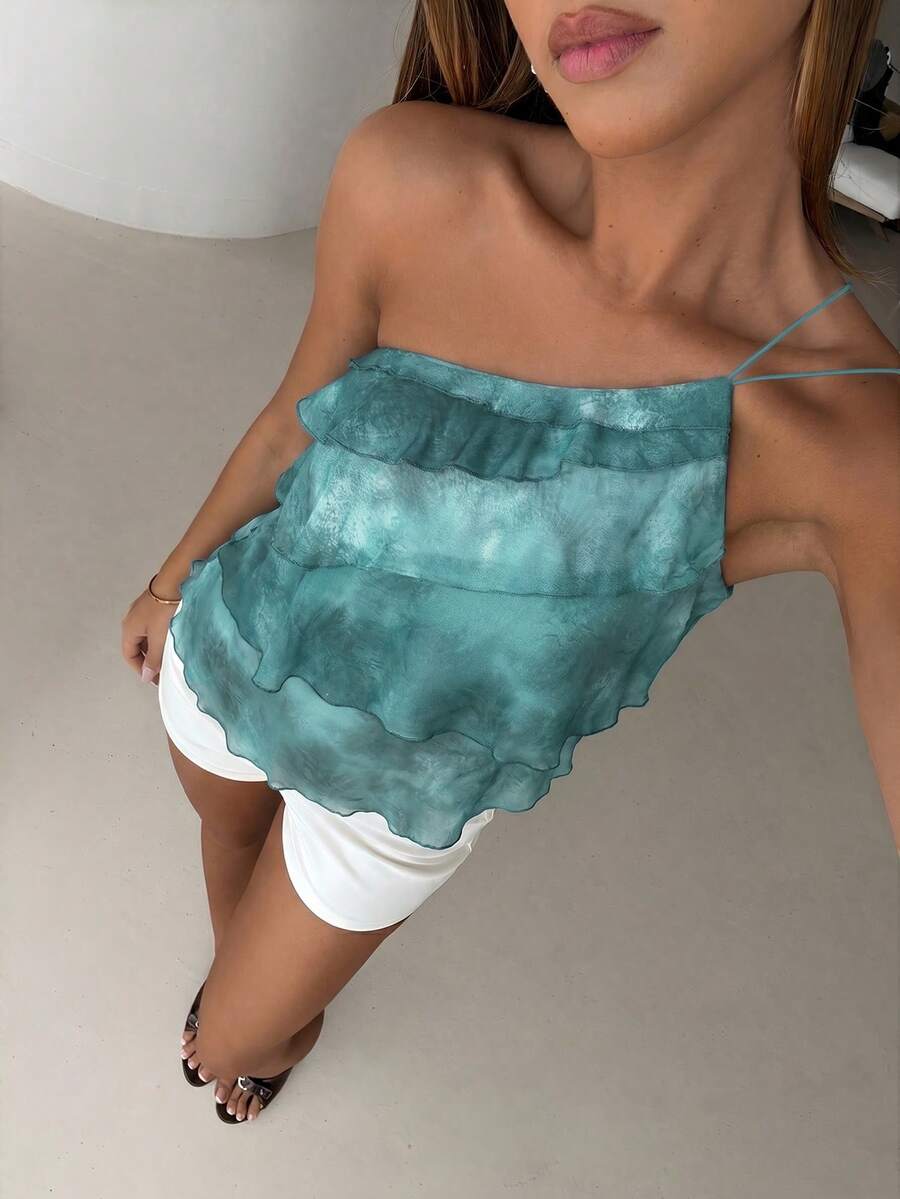 Aloruh Atasan Chiffon Berlapis-lapis Tanpa Punggung dengan Satu Bahu, Tanpa Punggung, Model Baru untuk Musim Semi/Panas, Romantis, Kencan, Hari Valentine, Musim Pernikahan, Blouse Ruffle untuk Liburan, Gaya Modis Musim Pernikahan, Elegan dan Romantis.