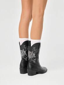 ROMWE Fairycore Bottes western marron, bottes hautes à enfiler brodées, bottes de moto  montant au genou, bottes montantes à talon épais pour femmes - Noir + fleurs - Voir 5