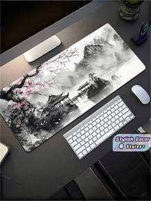 1 pieza Alfombrilla de ratón para juegos estilo japonés extra grande con patrón de ola negra, diseño ergonómico, base de goma antideslizante, patrón de paisaje artístico, superficie suave y duradera, tapete de escritorio para computadora y portátil, alfombrilla de ratón para jugadores y artistas, accesorio de oficina grande - Multicolor - Ver 1