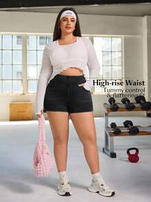 SHEIN Essnce Plus Size Women's Casual Traditional Alternative Stretch Skinny Denim Shorts Black Summer Formal Holiday - Dark Grey - View 7