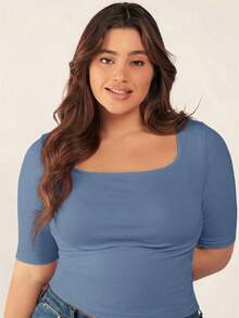 SHEIN BASICS Plus Size Summer Casual Versatile Solid Color Short Sleeve T-Shirt Date Night Brunch Dusty Blue - Dusty Blue - View 5