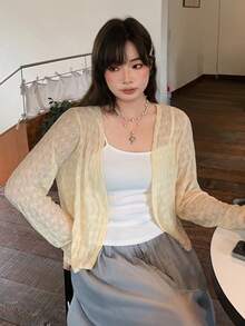 Dazy Plus 素色蕾絲V領修身長袖開襟外套 優雅大尺碼女款 春夏杏色薄款夾克 初秋可愛上衣 - 杏色 - 查看 5