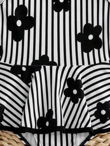 SHEIN BABY GIRLS SWIMSUIT One-Piece Swimsuit Cute Digital Floral Print Vertical Stripe Polyester Fabric - Black and White - View 6