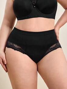 Hourtrue 1pc Plus Size High Waist Seamless Lace Pattern Shaping Briefs For Women - Black - View 2