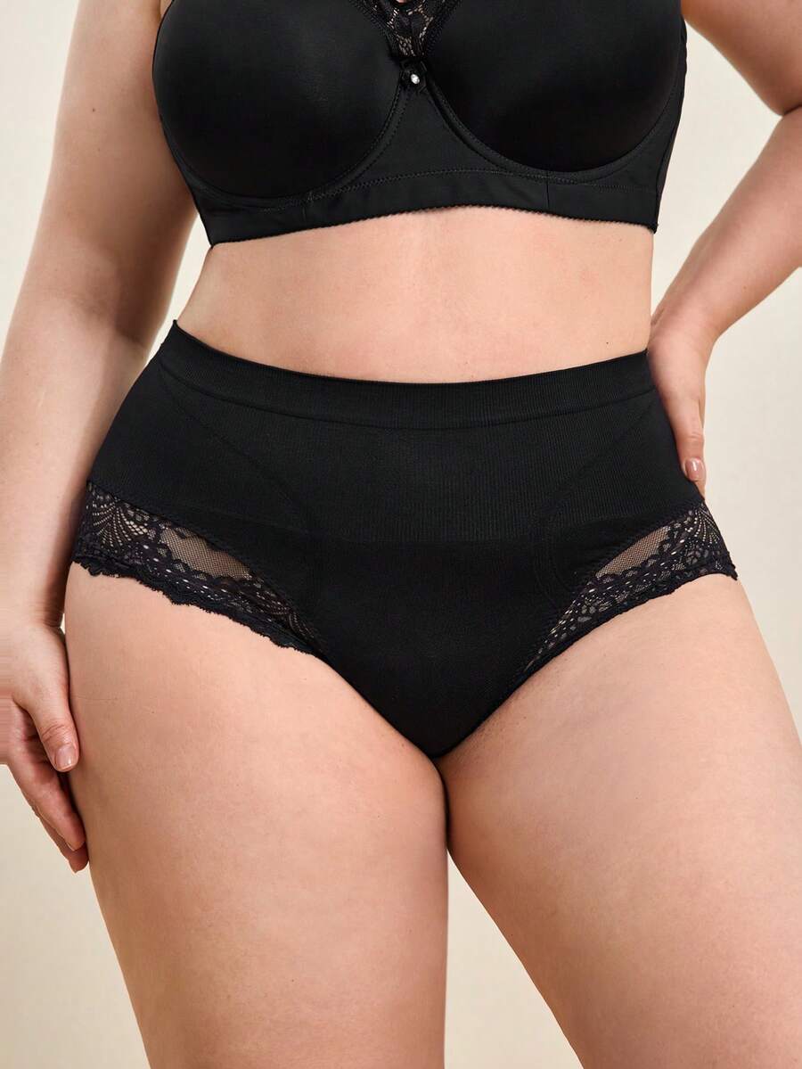 Hourtrue 1pc Plus Size High Waist Seamless Lace Pattern Shaping Briefs For Women
