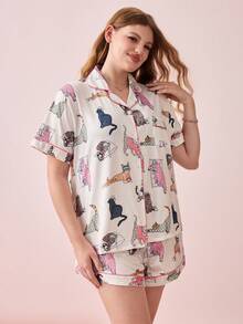 Bonmuse 2pcs/Set Cute Stretching Cat Print Pajama Set, White Base, Comfortable Short Sleeve Cardigan Shirt And Elastic Waist Shorts, All Seasons - White - View 7
