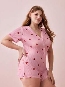Bonmuse Plus Size Sexy Striped Heart Print Short Sleeve Jumpsuit - Pink - View 7