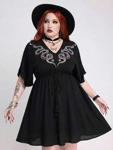 ROMWE Summer Dress Gothic Hippie Vacation Style Black Snake & Rose Embroidery Plus Size Dress - Black - View 1