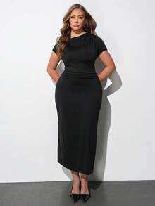 Maija Plus Size Women Solid Color Asymmetrical Shoulder Short Sleeve Fitted Elegant Dress Gym Brown Summer - Black - View 4