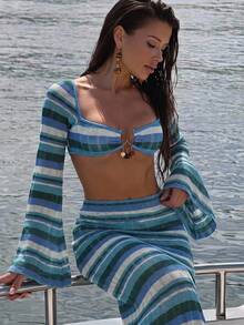 Bonvoyette Ensemble top court et mini-jupe pour femmes, avec motif rayé blocs de couleurs sexy, style dos nu avec lien devant. Convient pour les vacances à la plage, le printemps et l'automne - Bleu azur - Voir 5