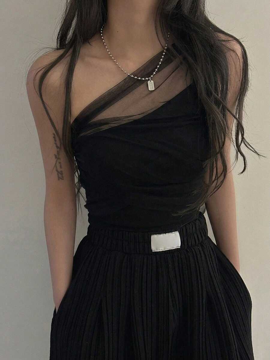 DAZY 女款單肩網紗拼接百褶修身百搭休閒上衣 夏季 - 黑色 - 查看 1