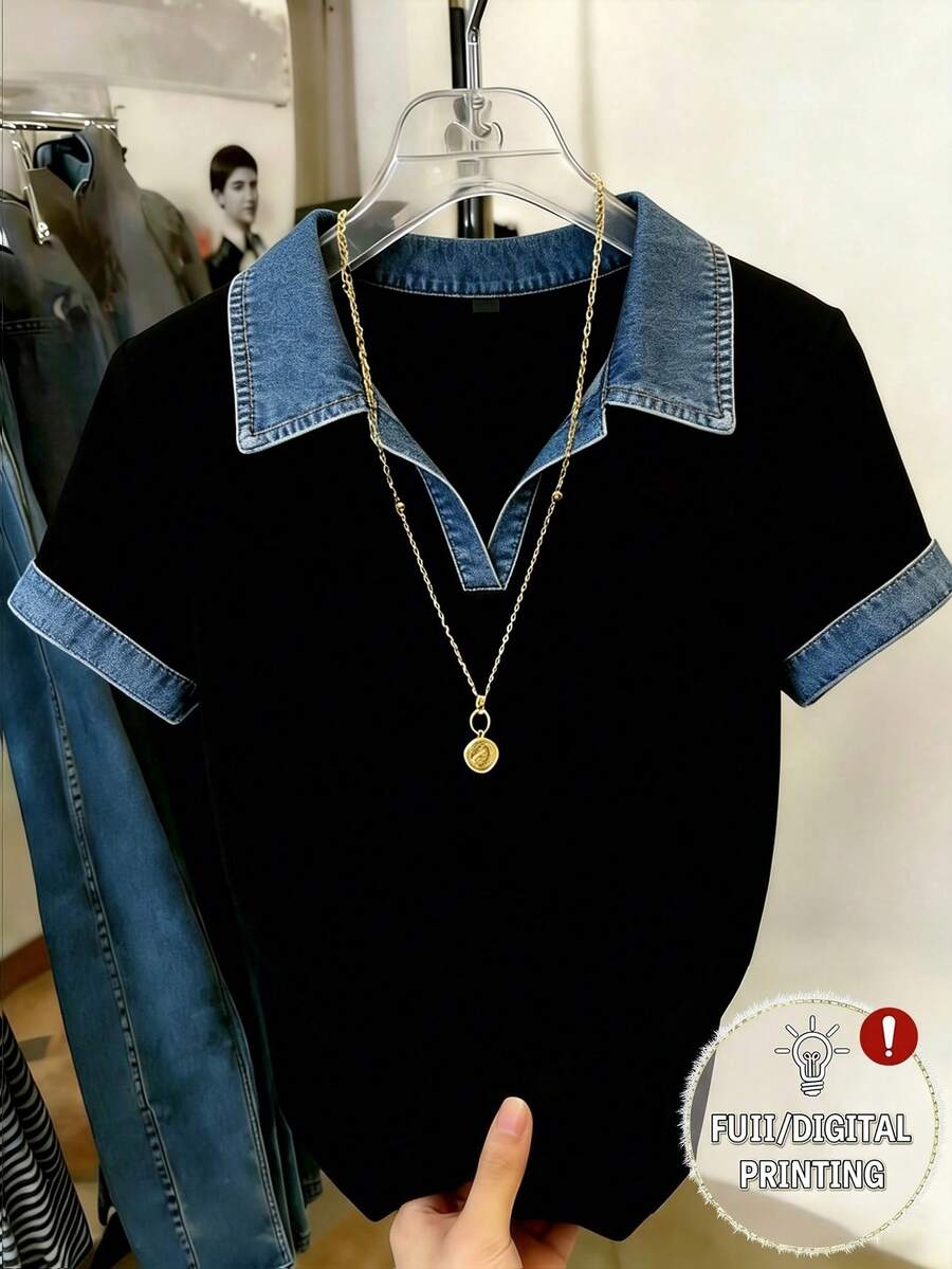 GlowEve Women's Contrast Faux Denim Collar Casual T-Shirt, Loose Fit Short Sleeve Top With Faux Denim Trim, Black Faux Denim Patchwork Polo Tee, Comfortable Daily & Streetwear, New Summer Casual Wear, Relaxed Fit Color Block V-Neck Blouse, Faux Denim Collar Top For Everyday Wear - Multicolor - View 1