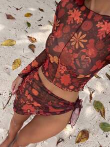 Zestiva Women's Colorful Butterfly Print Tankini & Skirt Set, Spring/Summer Floral Two Piece Set Long Sleeve Floral Top - Multicolor - View 1