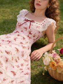 Sweetness Sweet Romantic Red Ditsy Floral Long Dress For Women - Baby Pink - View 5