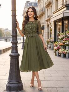 SHEIN Lady Women's Elegant Green Lace Short Sleeve Dress - Green - View 6