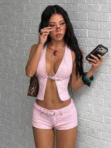 Women's Solid Color Slim Fit Denim Shorts Y2K Style - Pink - View 3