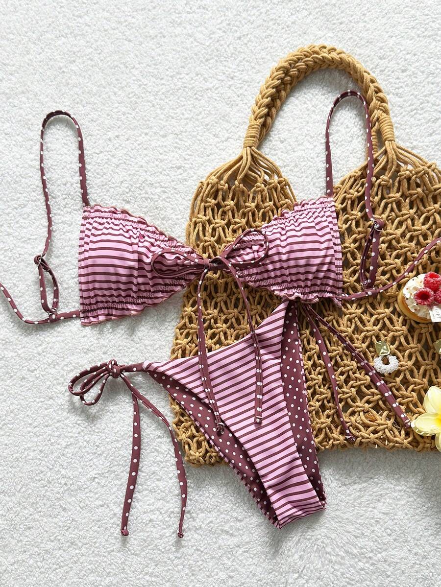 Swim Mod Women's Polka Dot & Striped Tie-Up Bikini Set, Sexy 2 Pieces Swimwear For Summer Holiday Beach - Multicolor - View 1