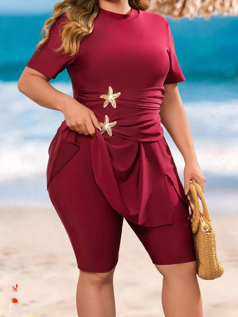 Swim Mulvari Plus Size Women's Summer Beach Vacation Style Metal Starfish Decor Pleated Waist Burkini Swimsuit Set - Red - View 1