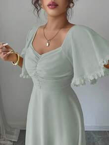 Modelyn 女款純色奶油黃雪紡袖口蕾絲設計夏季法式度假洋裝 - 綠色 - 查看 1