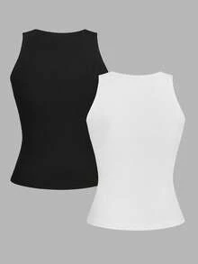 Comfortcana Bộ 2 áo tank top cotton cổ tròn dáng ôm vừa vặn dành cho nữ, cỡ lớn, thích hợp mặc đi học vào mùa hè. - Đen và trắng - Xem 2