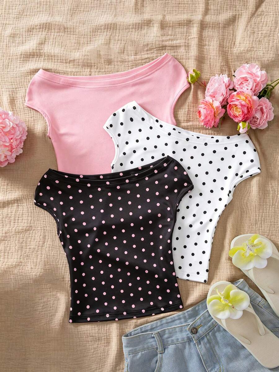 Sparklyn 3pcs/Set Girls' Vacation Fitted Off-Shoulder Multi-Color T-Shirts - Pink - View 1