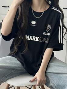 DAZY Round Neck Striped Side Slit T-Shirt Oversized T-Shirt,Graphic Tees School Cute Tops - Black - View 10