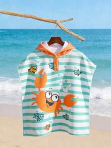 SHEIN Baby Boy Blue Cartoon Shark Print Towel Robe, Infant Multi-Size V-Neck Hooded Cape, Wearable Bath Towel, Beach Cover Up, Bath And Swimming Essential, Bathroom Essential, Swimming Cape - Green - View 5