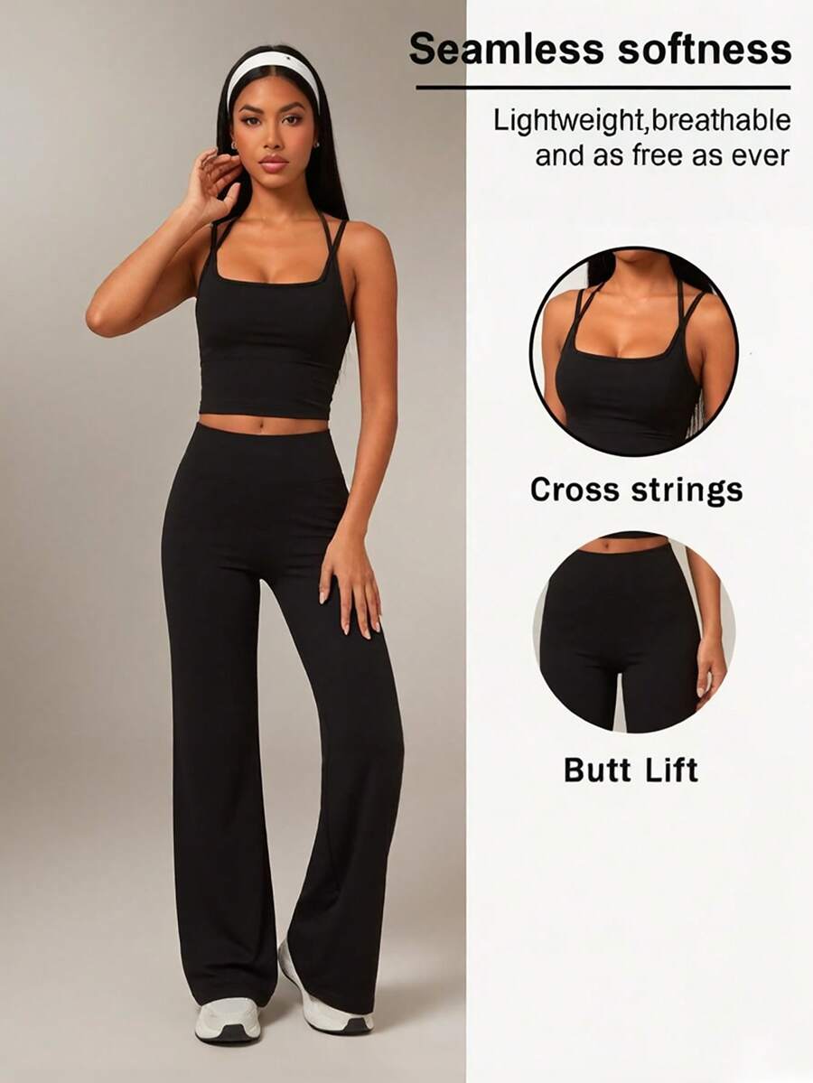 SHEIN Sports 纯色短款吊带背心和运动裤套装 - 深灰色 - 查看 1