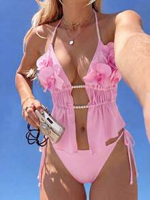 Zestiva Bộ bikini gợi cảm dành cho nữ, màu trơn, đính cườm, họa tiết hoa 3D, dây mảnh, hở lưng, thích hợp cho kỳ nghỉ hè ở bãi biển. - Hồng - Xem 1