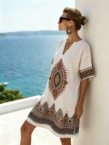 SHEIN Holidaya White Summer Boho Holiday Vacation Holiday Bohemian V-Neck Printed Dress,Exotic Geometric Retro Pattern Loose Relaxed Fit Skin-Friendly Beach Dress - Multicolor - View 4