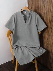 SHEIN Teenager Jungen 2er Set Lässig Vielseitig Texturiertes Kurzarmhemd und Shorts Set Teenager Jungen 2er Set Jungen Schwarze Kurz Sets - Grau - Übersicht 5