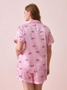 Bonmuse 女士加大码蝴蝶结条纹印花短袖短裤睡衣套装 - 粉色 - 查看 2