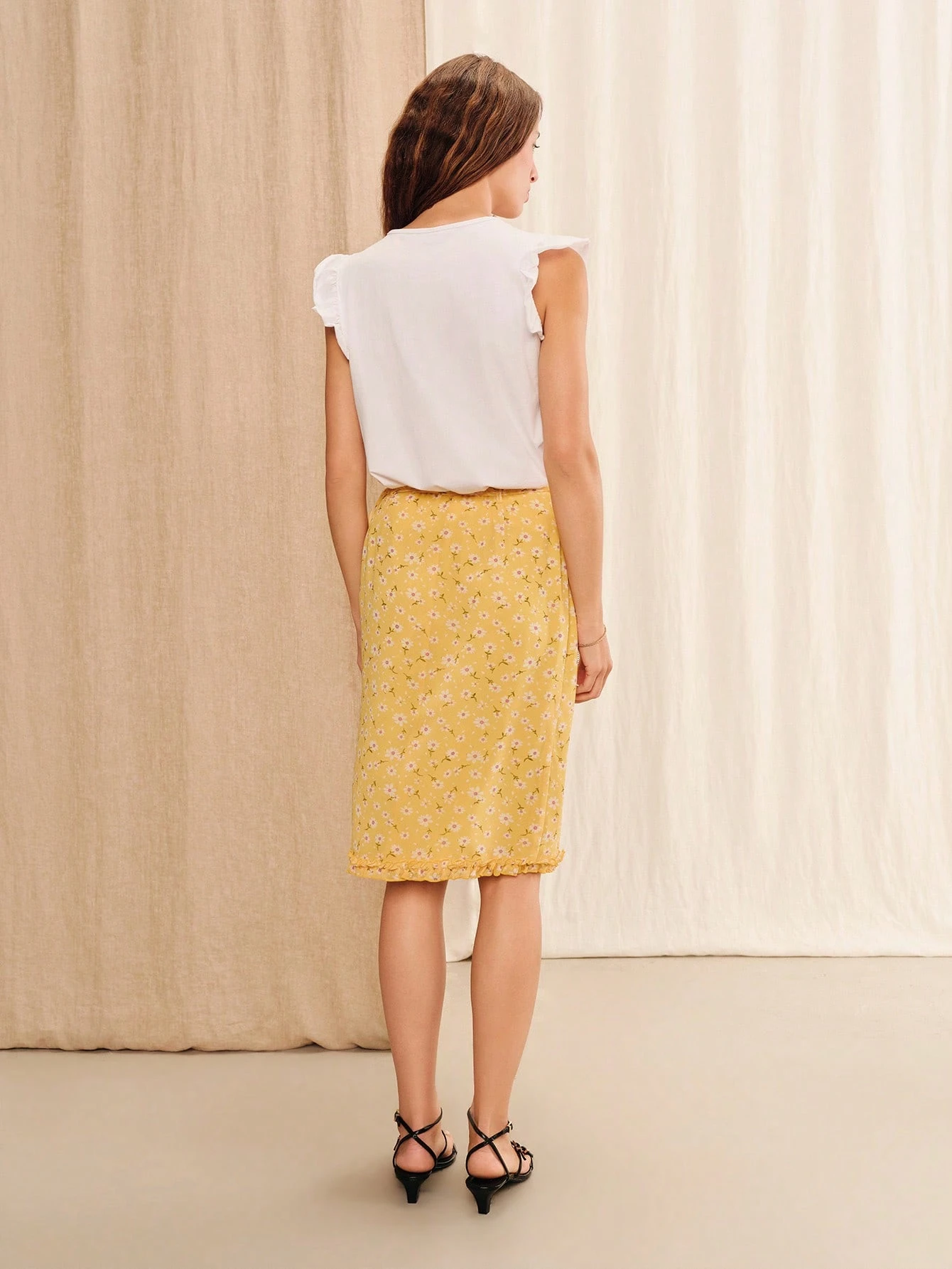 Yellow Floral Knee-Length Midi Skirt With Tie Waist French Style Summer Vintage Holiday Casual Skirt