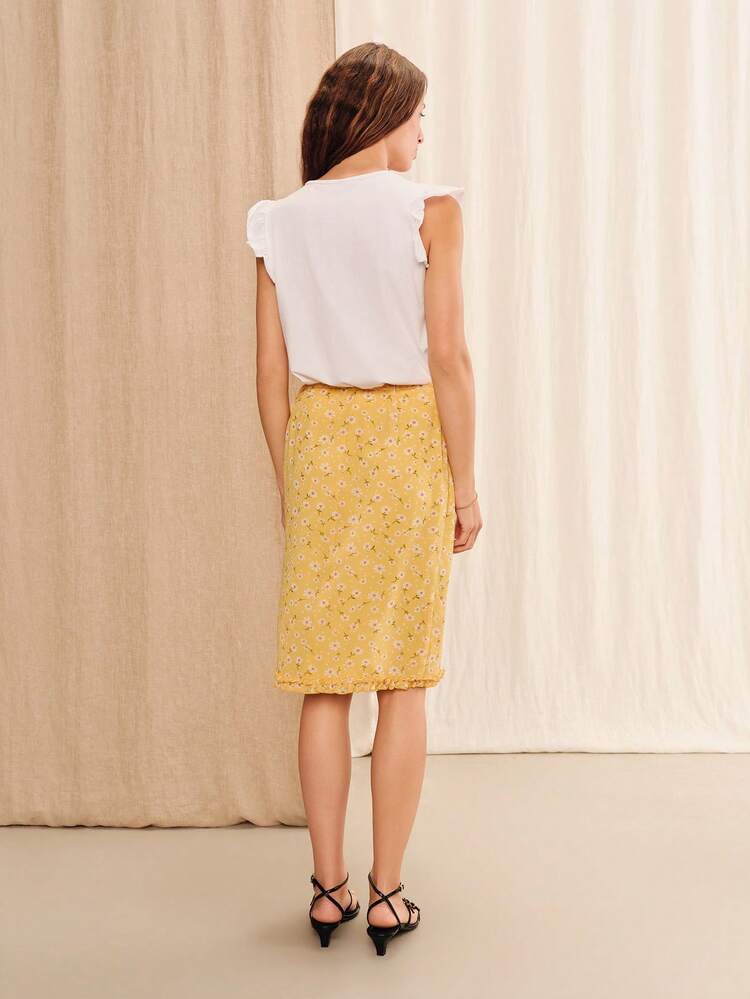 Yellow Floral Knee-Length Midi Skirt With Tie Waist French Style Summer Vintage Holiday Casual Skirt