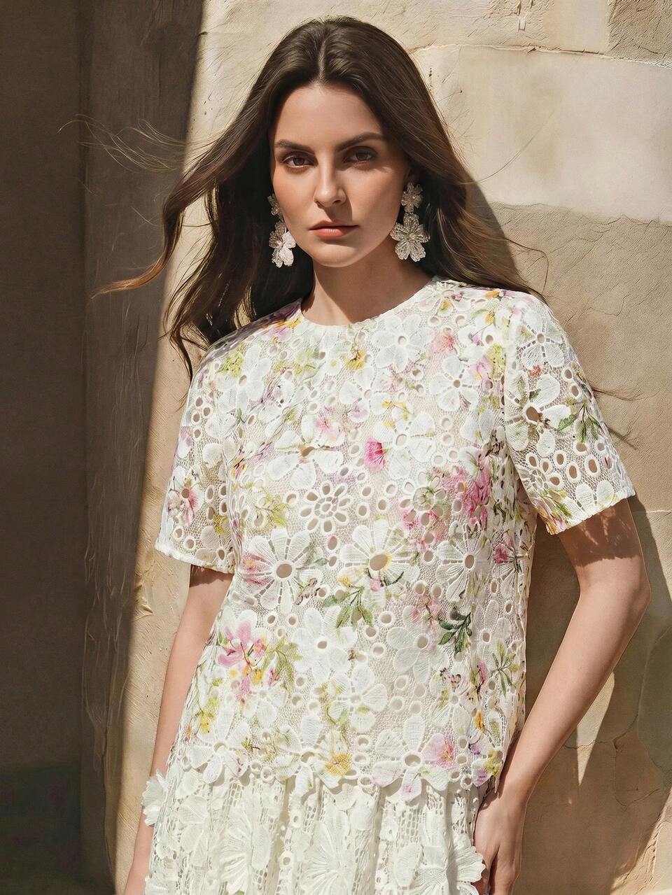 Anewsta Women's Spring/Summer French Elegant Clear Romantic Sweet Hollow Water-Soluble Embroidery Fabric Print Round Neck Short Sleeve Blouse, Elegant Top Shirt